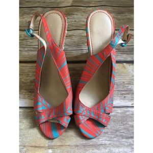 Blue and orange palm peep toe wedges